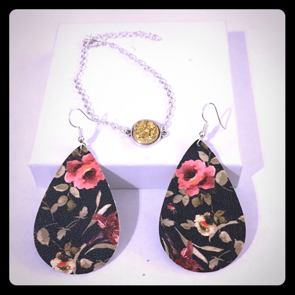 Leatherette Earrings & Druzy Bracelet